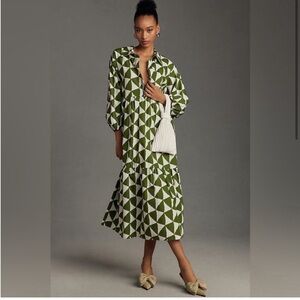MAEVE by ANTHROPOLOGIE Bettina Green Geometric Print Tiered Dress size L